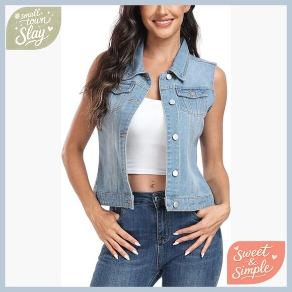 Cropped Denim Vest Sleeveless Button Front Distressed Details Flap Pockets